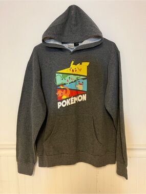 Pokemon Men’s Dark Gray Hoodie Sweater with Colorful Pokemon Stack Graphic
